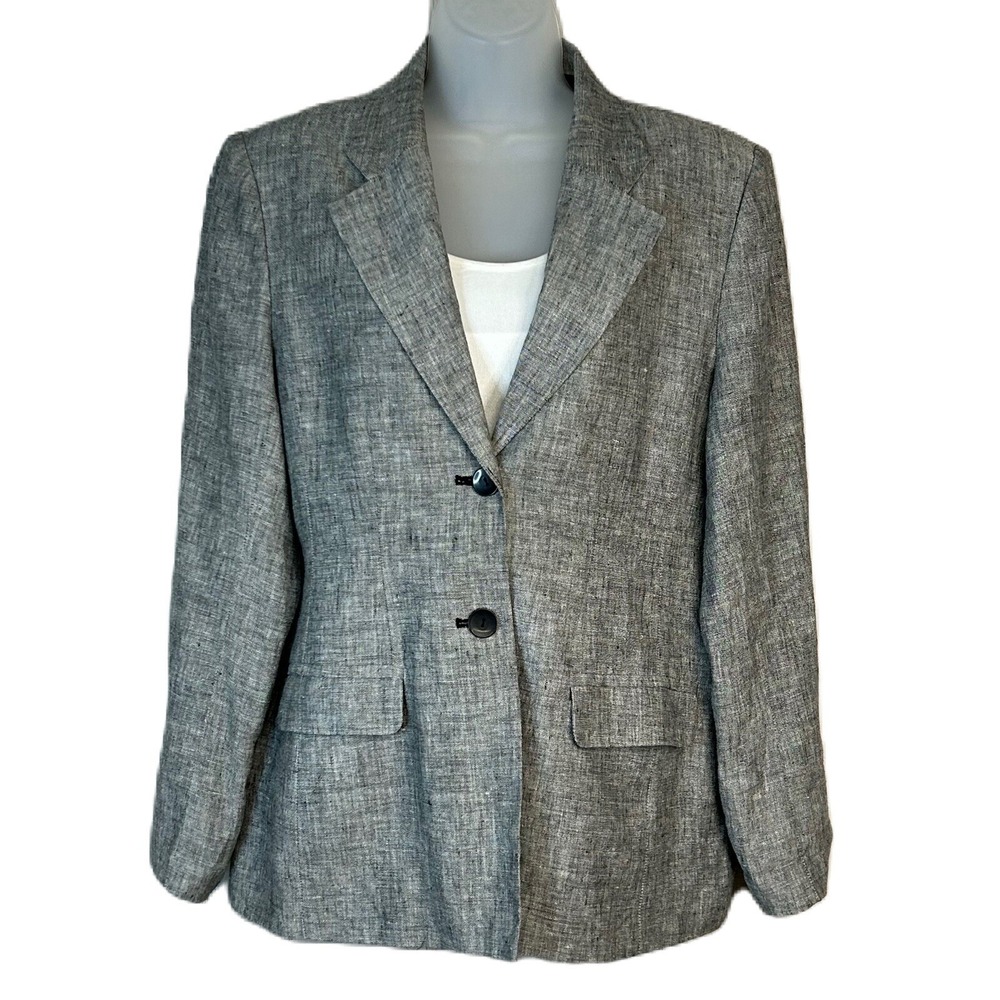 Vintage‎ John Paul Richard Women Pure Linen Blazer Jacket L Career Gray Black